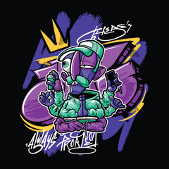 A vibrant and colorful graffiti-style vector illustration featuring a street art character