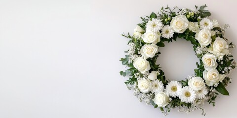 White flowers funeral wreath lying on white background with copy space