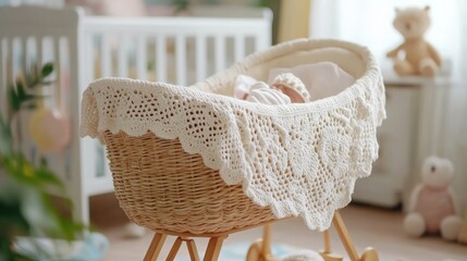 Quaint and cozy scene of a baby cradle adorned with a crochet lace blanket, set in a softly lit nursery background includes pastel-colored walls and plush toys, creating warm comforting atmosphere