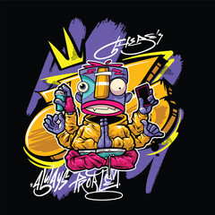 A vibrant and colorful graffiti-style vector illustration featuring a street art character