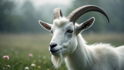 A white horned goat head against a blurred natural backdrop.