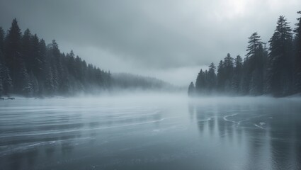 Fototapeta premium A winter scene featuring a frozen lake and snow-covered trees.