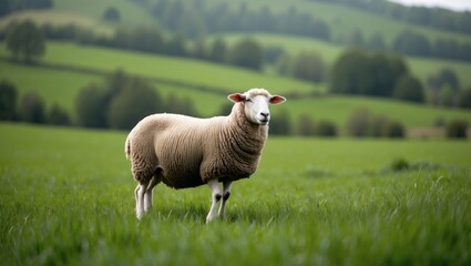 Fototapeta premium A solitary joyful sheep in a lush field from sustainable wool production and animal care and welfare environmental respect traveling.