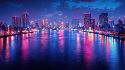 Obraz premium Night cityscape, vibrant neon lights reflecting on calm waters, modern architecture, Tokyo's waterfront at dusk, beautiful urban scene, alluring skyline, pink and blue hues.