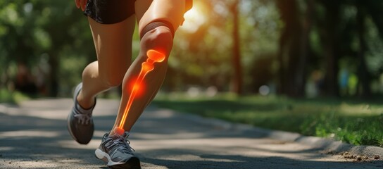 A woman running with a red knee brace