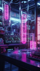 Futuristic Laboratory: Neon Glow of Advanced Scientific Research in a Cyberpunk Setting