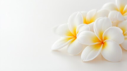 Naklejka premium Beautiful white plumeria flowers in full bloom with yellow centers