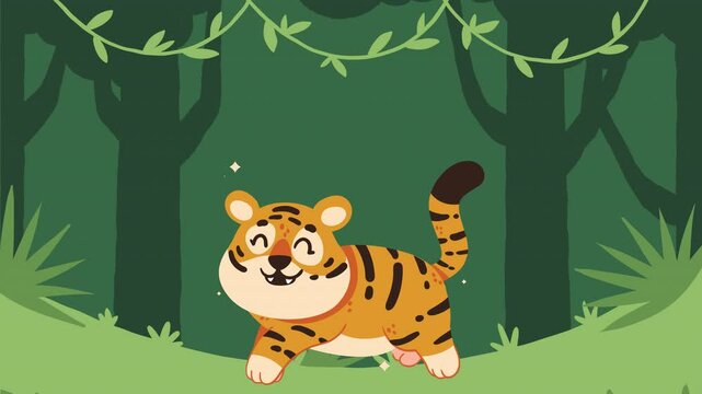 Cute baby tiger in a jungle landscape 2d
