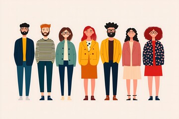 A colorful illustration featuring a diverse group of eight people in modern attire, showcasing various styles and expressions.