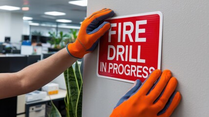 fire safety exercise concepts. Hands with gloves placing a fire drill sign in an office environment.