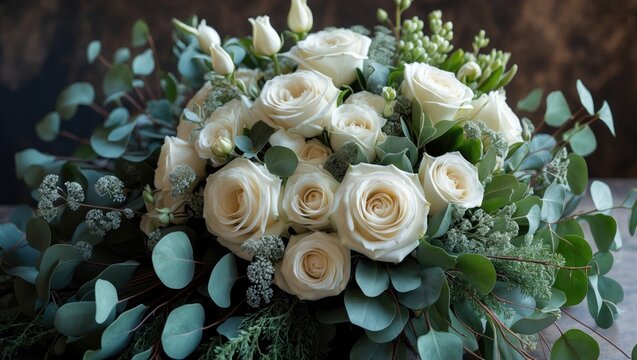 A stunning bridal bouquet featuring white roses, austoma flowers, and green cast eucalyptus.