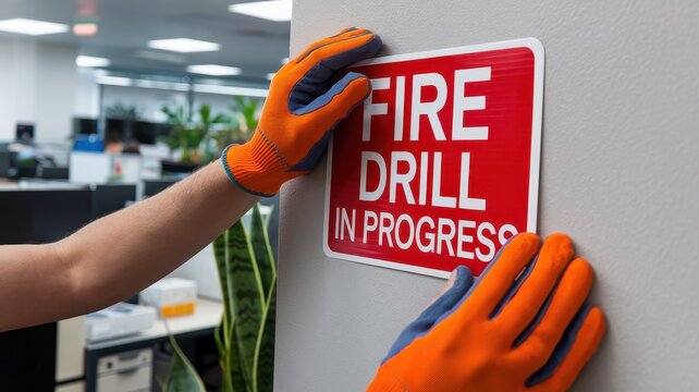 fire safety exercise concepts. Hands with gloves placing a fire drill sign in an office environment. - Powered by Adobe