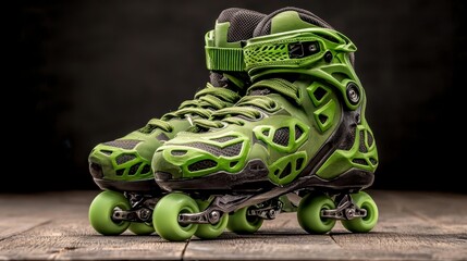 Lime Green Inline Skates on Dark Wood