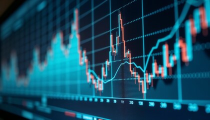 Detailed financial graph on a computer screen showcasing market trends, analytical and professional environment, copy space