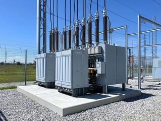 Modern electrical substation with transformers and high-voltage equipment under clear sky.