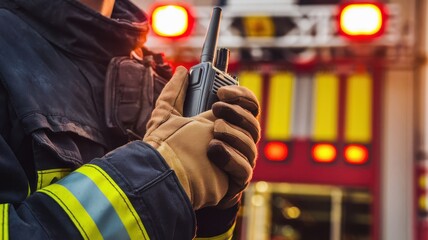 fire safety exercise concepts. Firefighter with radio in action near emergency lights.
