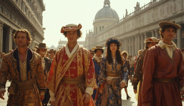 A group of men and women dressed in elaborate traditional Venetian costumes walk through the streets during the Festa della Sensa, celebrating maritime heritage.