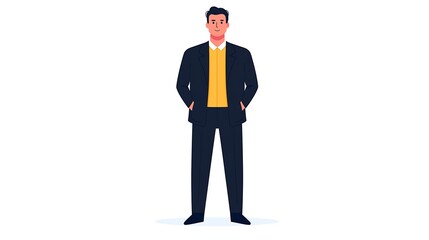 A confident man in a suit stands with hands in pockets, exuding professionalism and style against a plain background.
