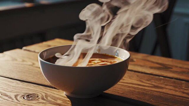 Steaming hot soup bowl releasing aromatic steam on rustic wooden table. 4k stock footage
