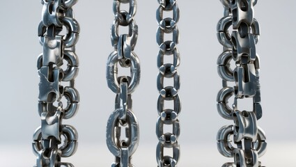 A collection of metal chains set against a white background