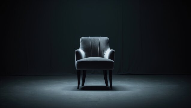 A chair positioned in a black room. Chair on stage prepared for recording an interview or blog. Area designated for an interview.