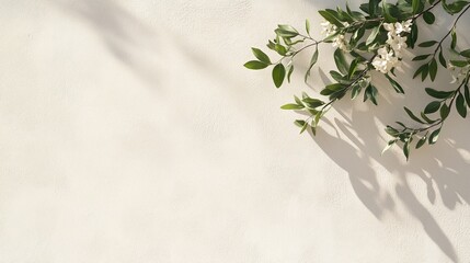 Serene Sunlight: A gentle branch of lush, green leaves and delicate white flowers dangles delicately against a textured, softly illuminated surface, creating a peaceful, minimalist composition.