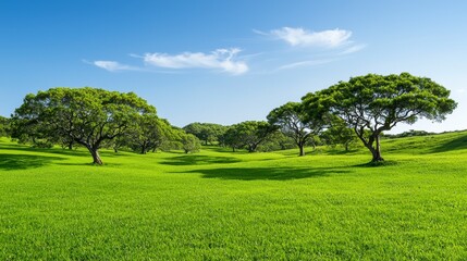Obraz premium Lush Green Meadow with Round Trees under a Blue Sky