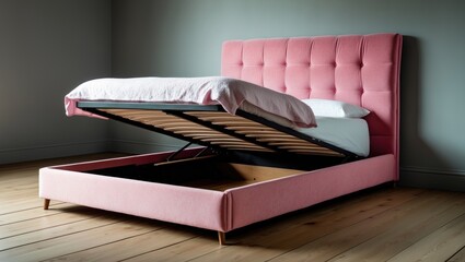 A pink bed with storage space accessible by lifting the wooden slatted base.