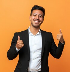 Young hispanic man wearing business clothes cheerful with a smile on face pointing with hand and finger up to the side with happy and natural expression