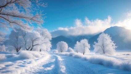 Obraz premium This image shows a tranquil winter landscape blanketed in fresh snow. The snow-covered trees and ground form a flawless white vista, while the clear blue sky shines through.