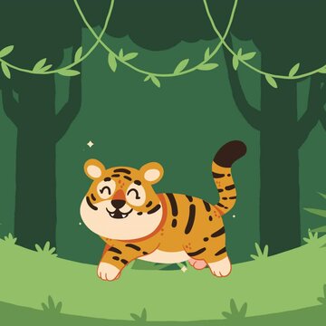 Cute baby tiger in a jungle landscape 2d
