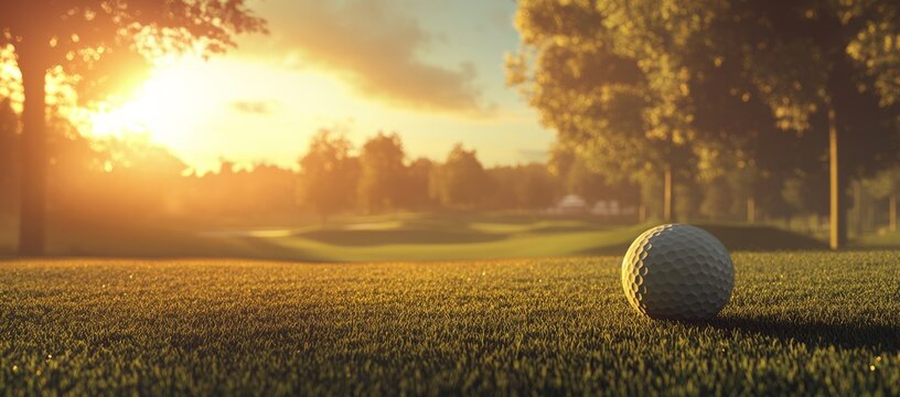 A golf ball is sitting on a grassy field with the sun setting in the background