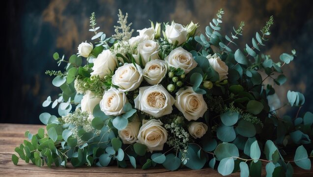 A stunning wedding bouquet for the bride, created with white roses and austoma flowers, along with green eucalyptus.