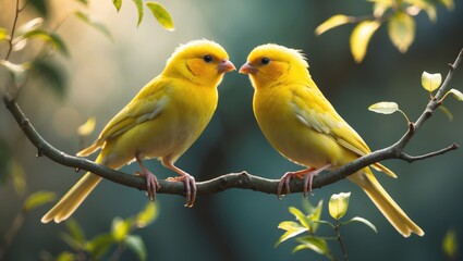 Fototapeta premium A dispute between two yellow canary birds sitting on branches with a blurred background.