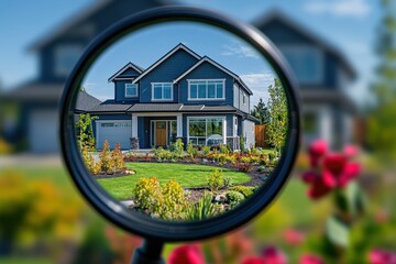 Blue house with manicured lawn is seen through magnifying glass. Use for real estate search, inspection, or home buying themes.