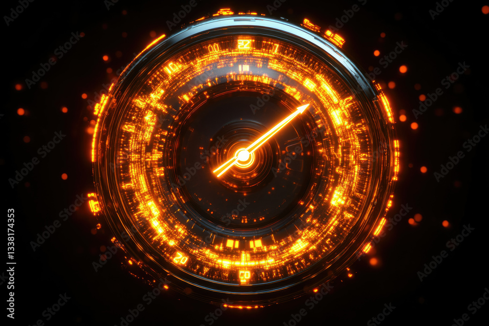 Poster Futuristic glowing speedometer with orange digital display, indicating speed and progress.