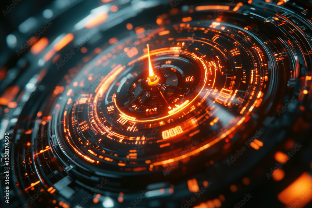 Poster futuristic glowing orange and black circular technology interface with intricate details.