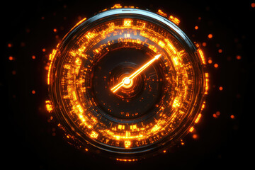 Futuristic glowing speedometer with orange digital display, indicating speed and progress.