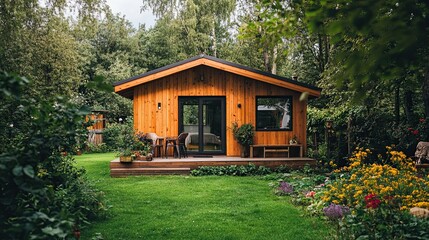 Wooden modern tiny house on a green lawn -