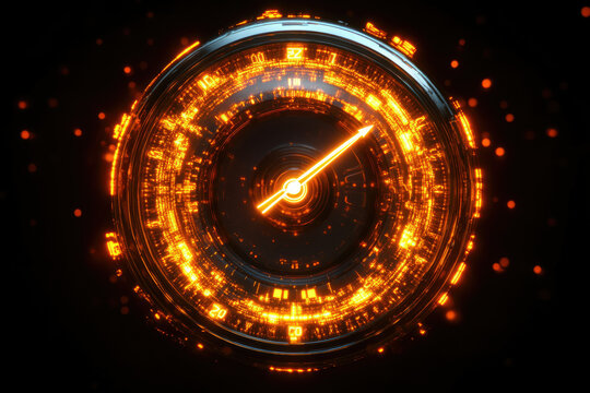 Futuristic glowing speedometer with orange digital display, indicating speed and progress.