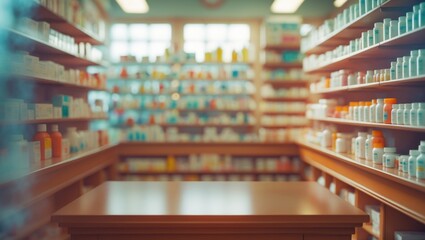 A pharmacy counter positioned on a table with blurred medication shelves in the store's background, intended for the assembly of a medical product.