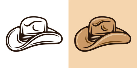 Cowboy hat vector illustration in two styles, black on white and colorful