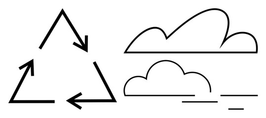Recycling triangle with three arrows pointing in a loop and minimalist line art clouds. Ideal for sustainability, nature, renewable energy, eco-friendly concepts, environment, conservation, climate