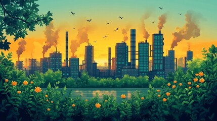 A vibrant city skyline with factories emitting smoke highlighting environmental pollution and industrial progress. Generative AI