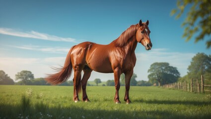 A solitary chestnut horse is positioned in a summer paddock.