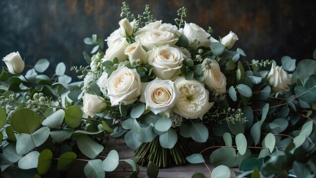 A stunning bridal bouquet composed of white roses and austoma flowers, accompanied by green eucalyptus leaves.