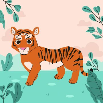 Cute baby tiger in a jungle landscape 2d

