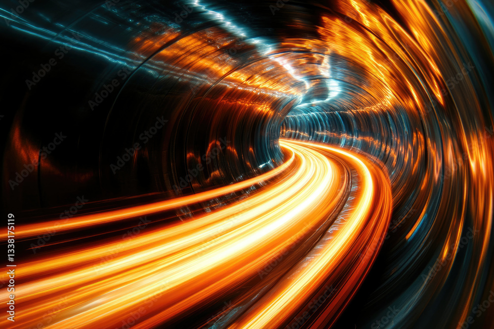 Poster a mesmerizing long exposure shot of a vehicle speeding through a curved tunnel, creating vibrant lig