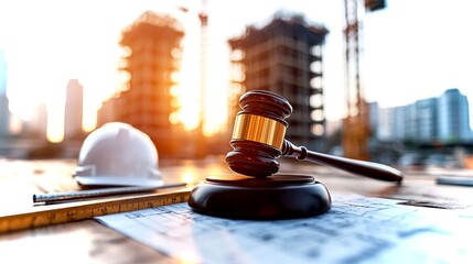 Justice being served with a gavel on a construction site under sunset