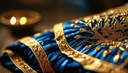 Close up of ornate prayer rug with intricate gold embroidery and rich texture for religious decor